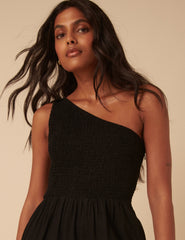 Black Linen-blend One Shoulder Ruched Jumpsuit
