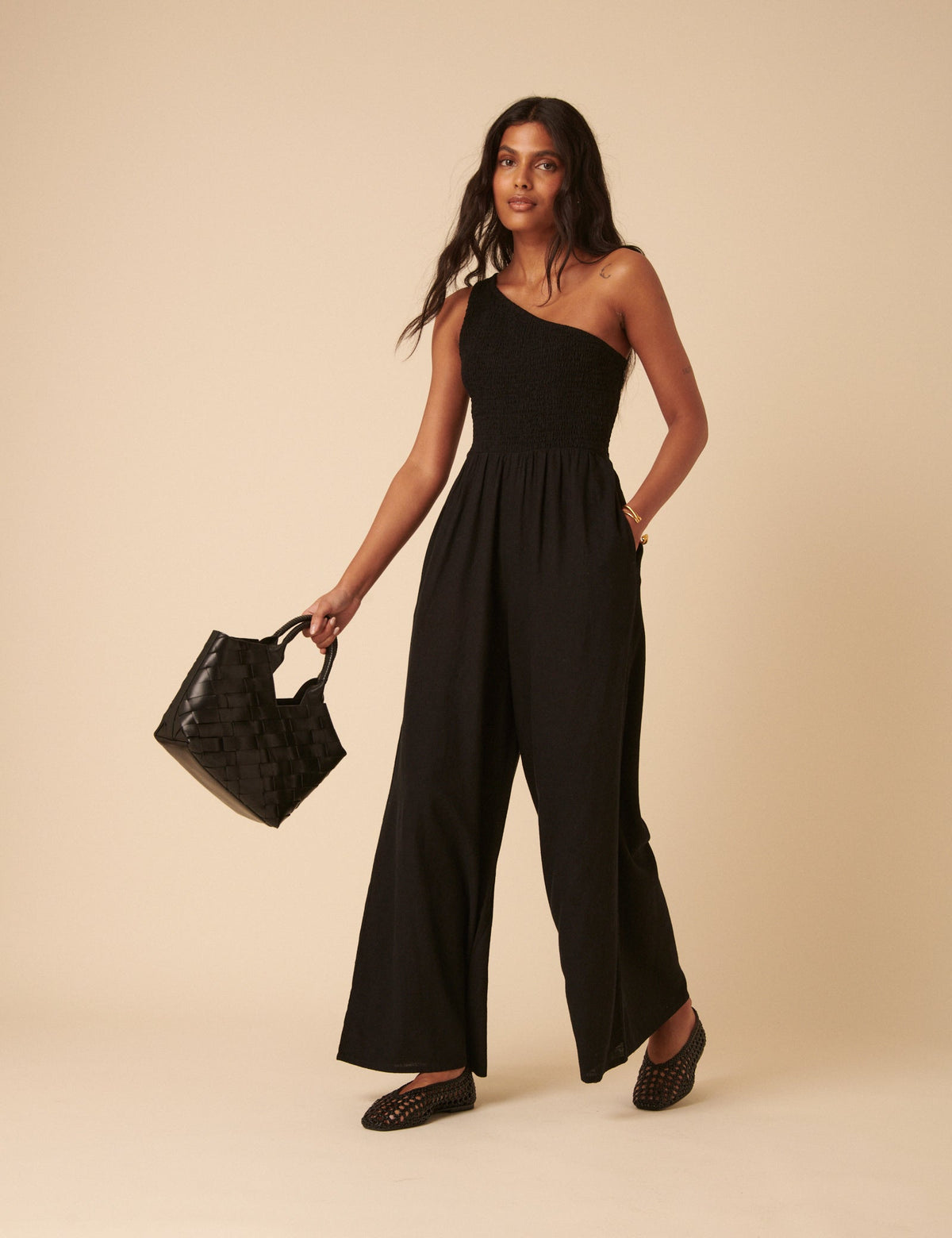 Black Linen-blend One Shoulder Ruched Jumpsuit