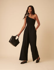 Black Linen-blend One Shoulder Ruched Jumpsuit