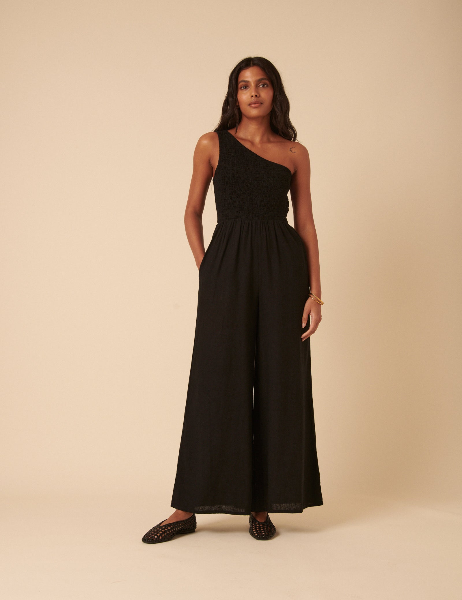 Black Linen-blend One Shoulder Ruched Jumpsuit