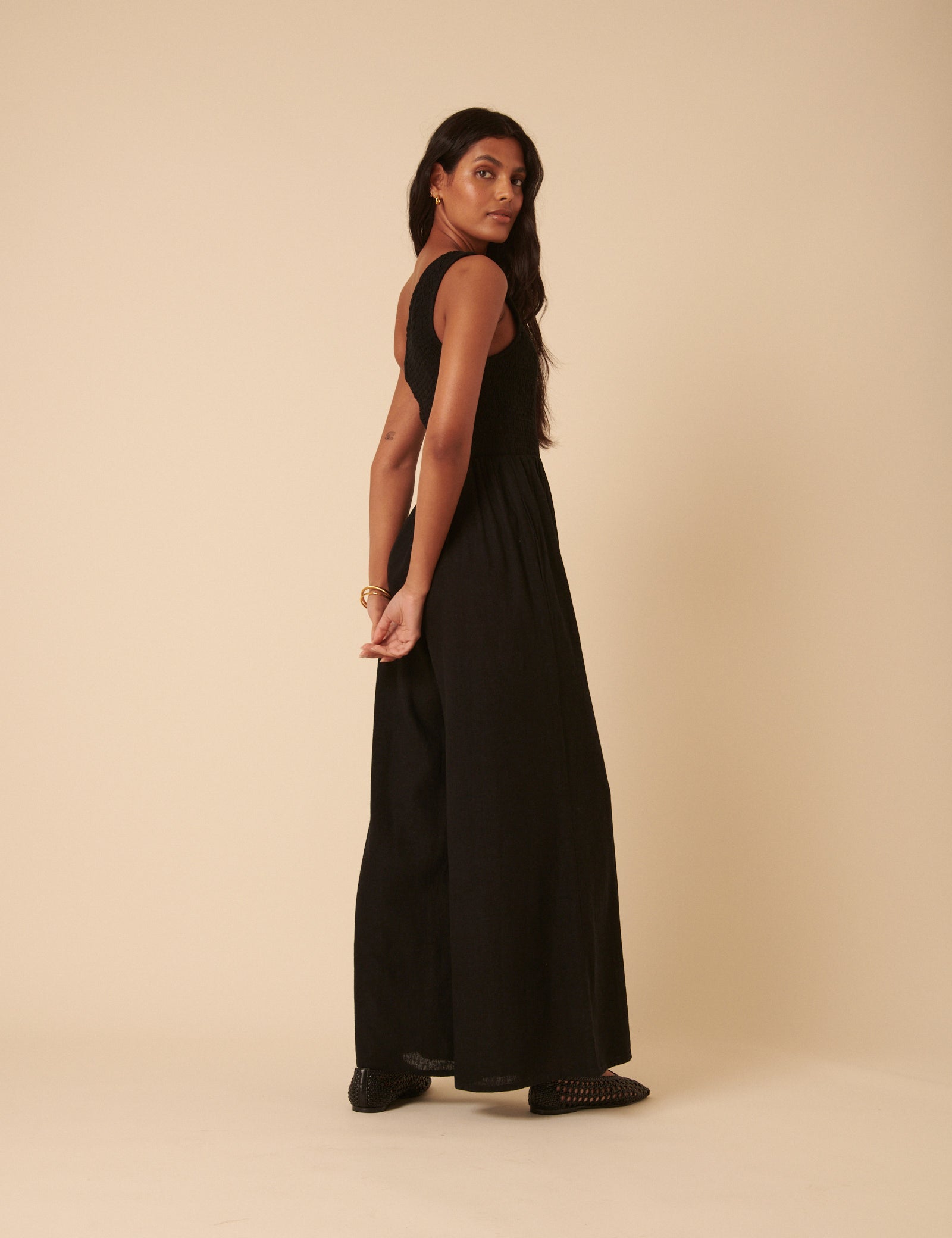 Black Linen-blend One Shoulder Ruched Jumpsuit