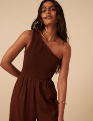 Brown Linen-blend One Shoulder Ruched Jumpsuit