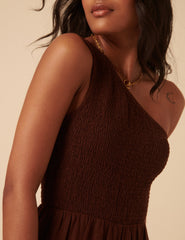 Brown Linen-blend One Shoulder Ruched Jumpsuit