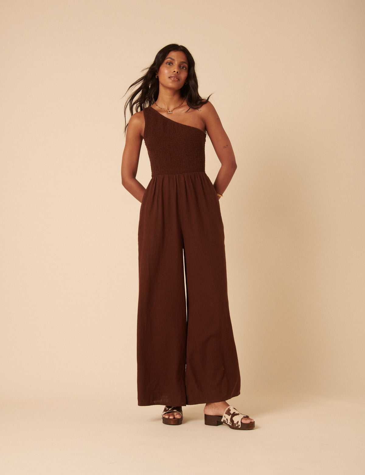 Brown Linen-blend One Shoulder Ruched Jumpsuit