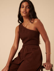 Brown Linen-blend One Shoulder Ruched Jumpsuit