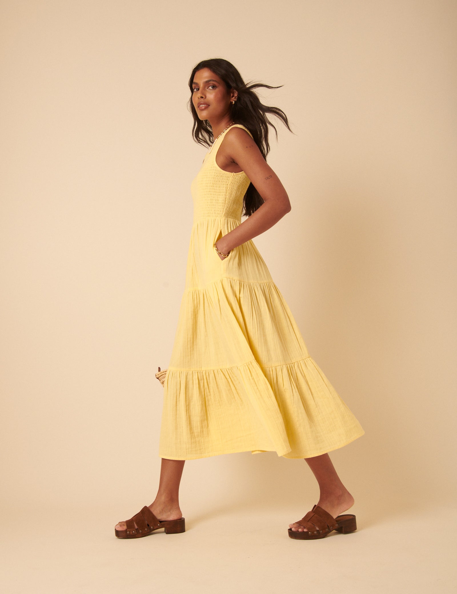 Butter Yellow Sleeveless Tiered Charlie Midi Dress