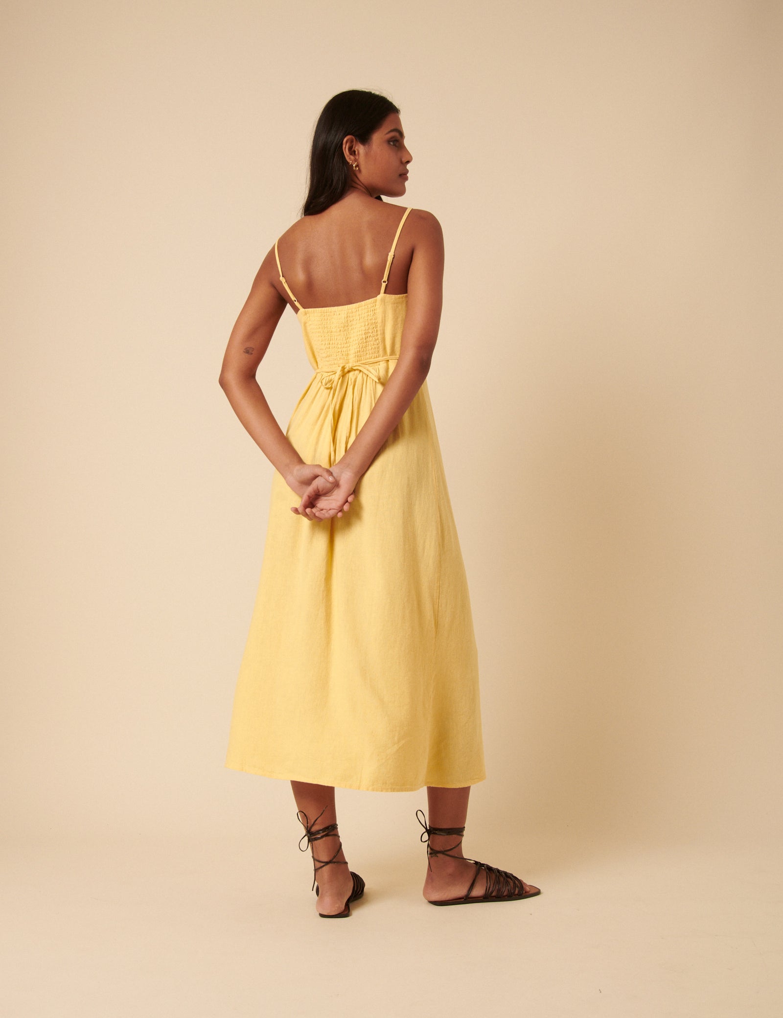 Butter Yellow Linen-blend Maddie Midi Dress