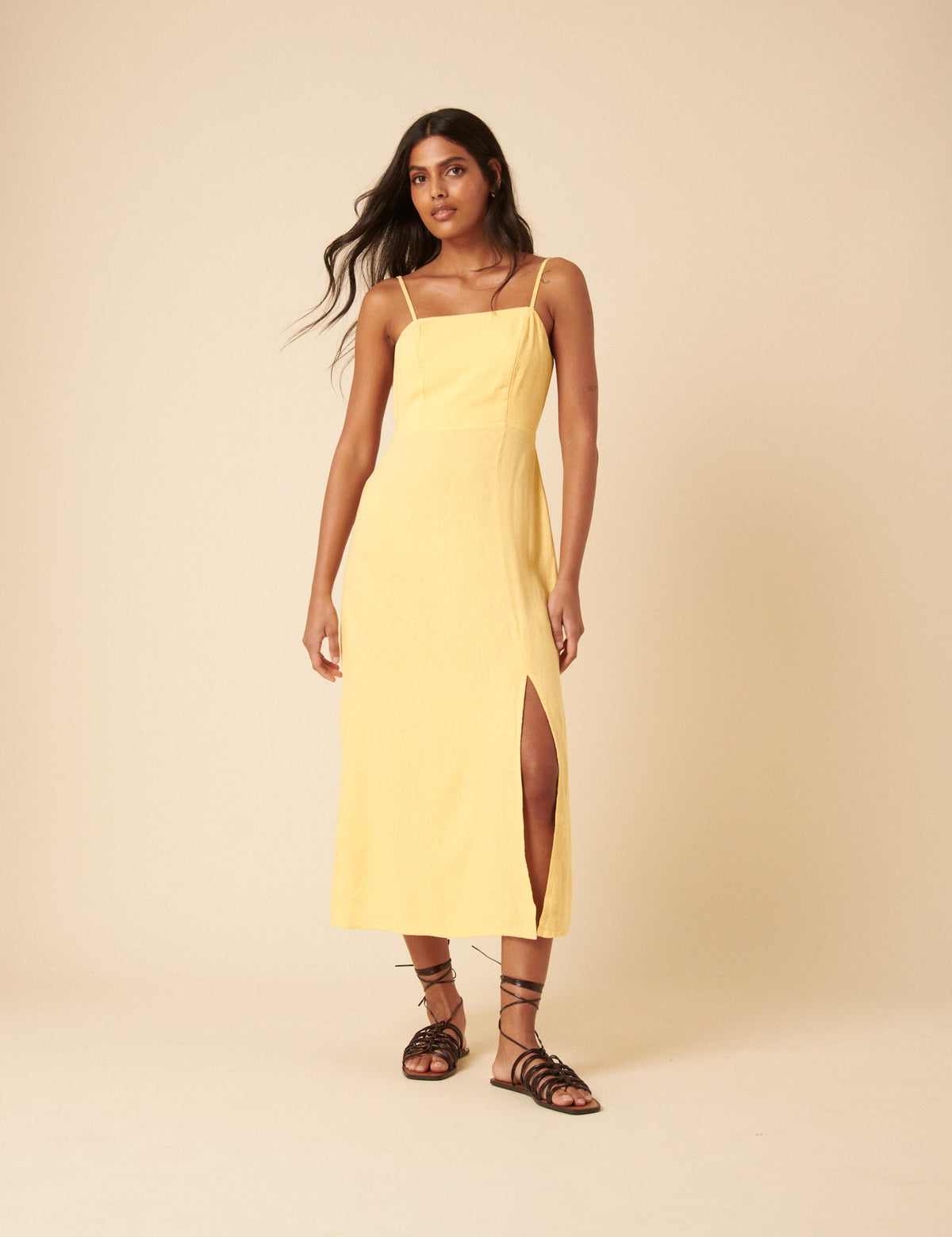 Butter Yellow Linen-blend Maddie Midi Dress
