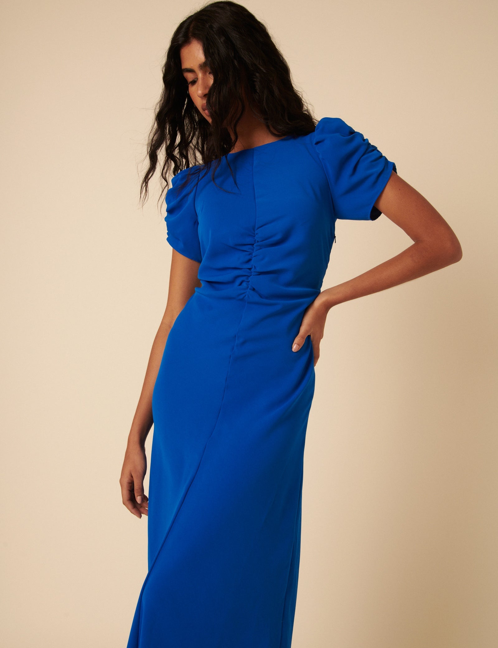 Blue Shirred Naomi Midi Dress
