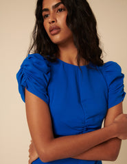 Blue Shirred Naomi Midi Dress