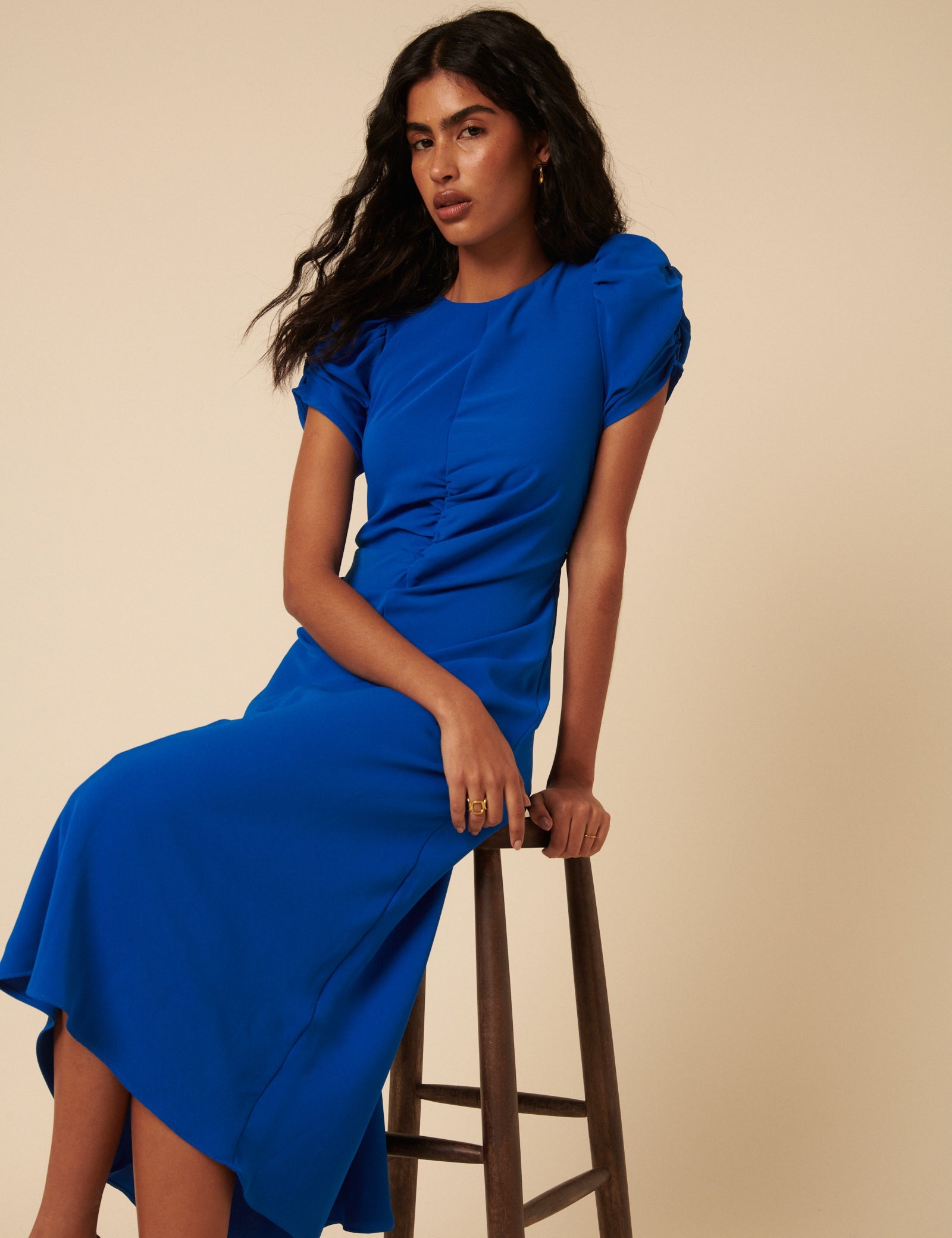 Blue Shirred Naomi Midi Dress