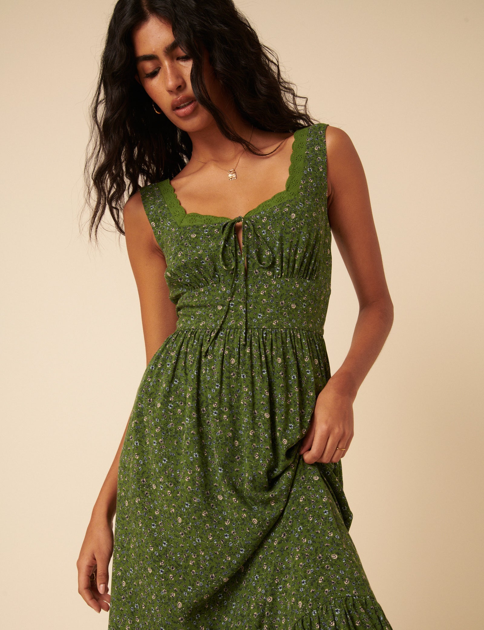 Green Ditsy Floral Tiered Heather Midi Dress