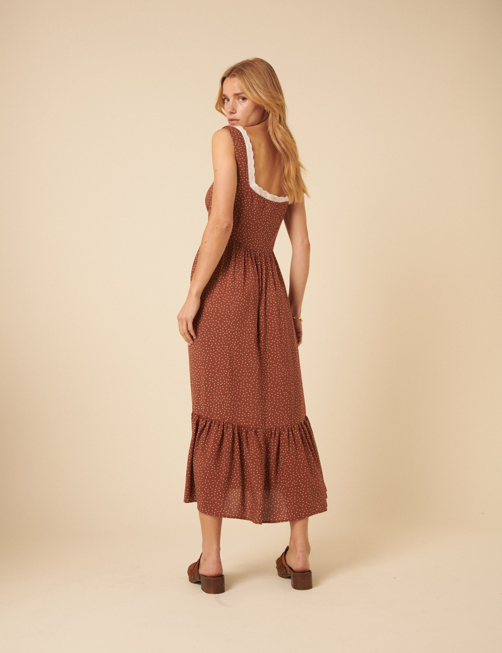 Brown Spotty Tiered Heather Midi Dress