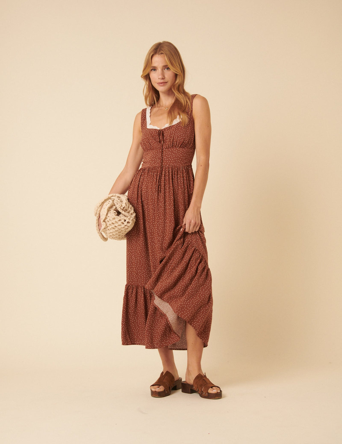 Brown Spotty Tiered Heather Midi Dress
