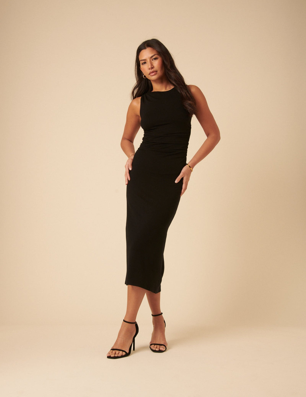 Black Ruched Jersey Midi Dress