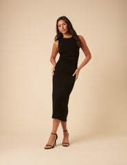 Black Ruched Jersey Midi Dress