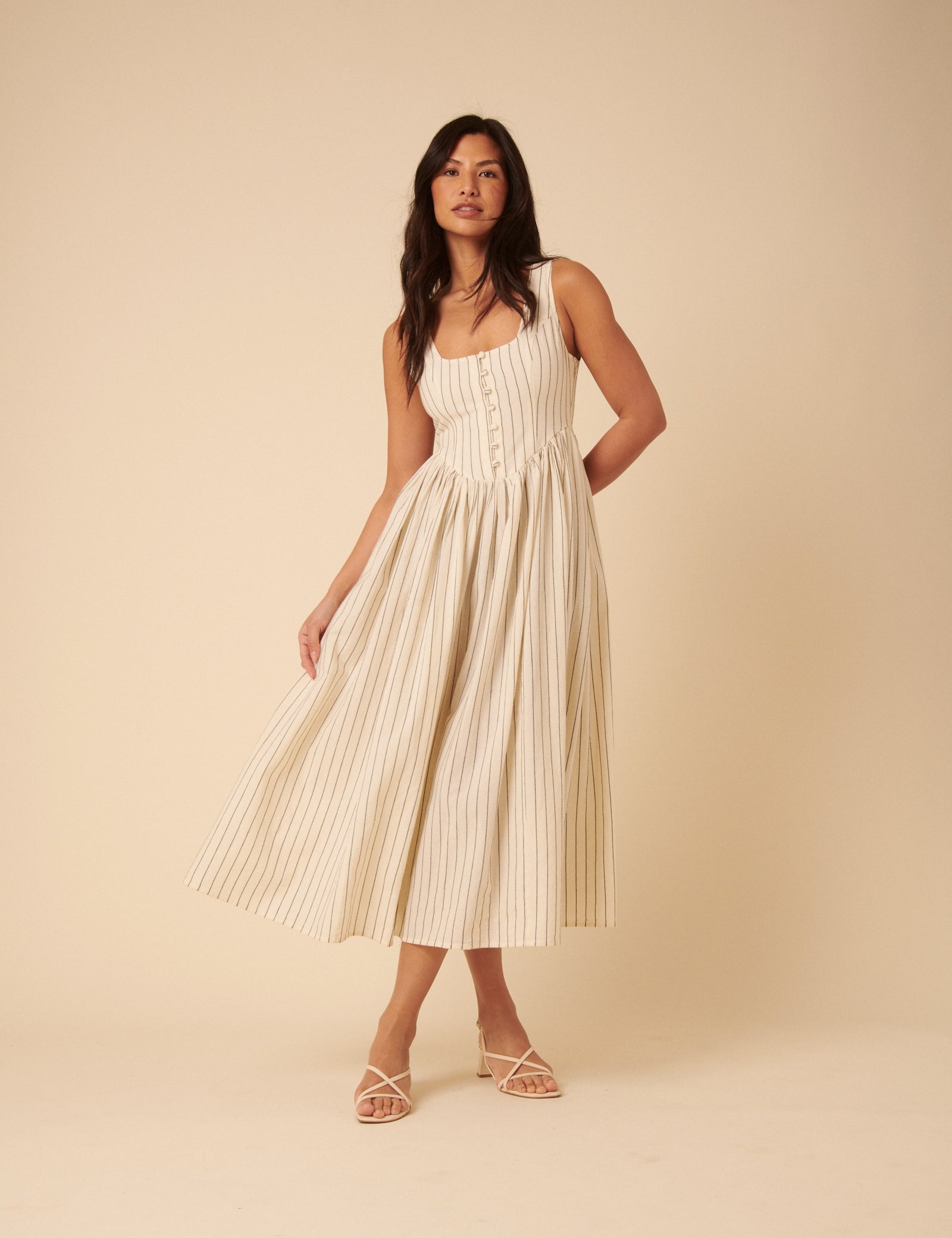 Cream Striped Drop Waist Cora Midi Dress