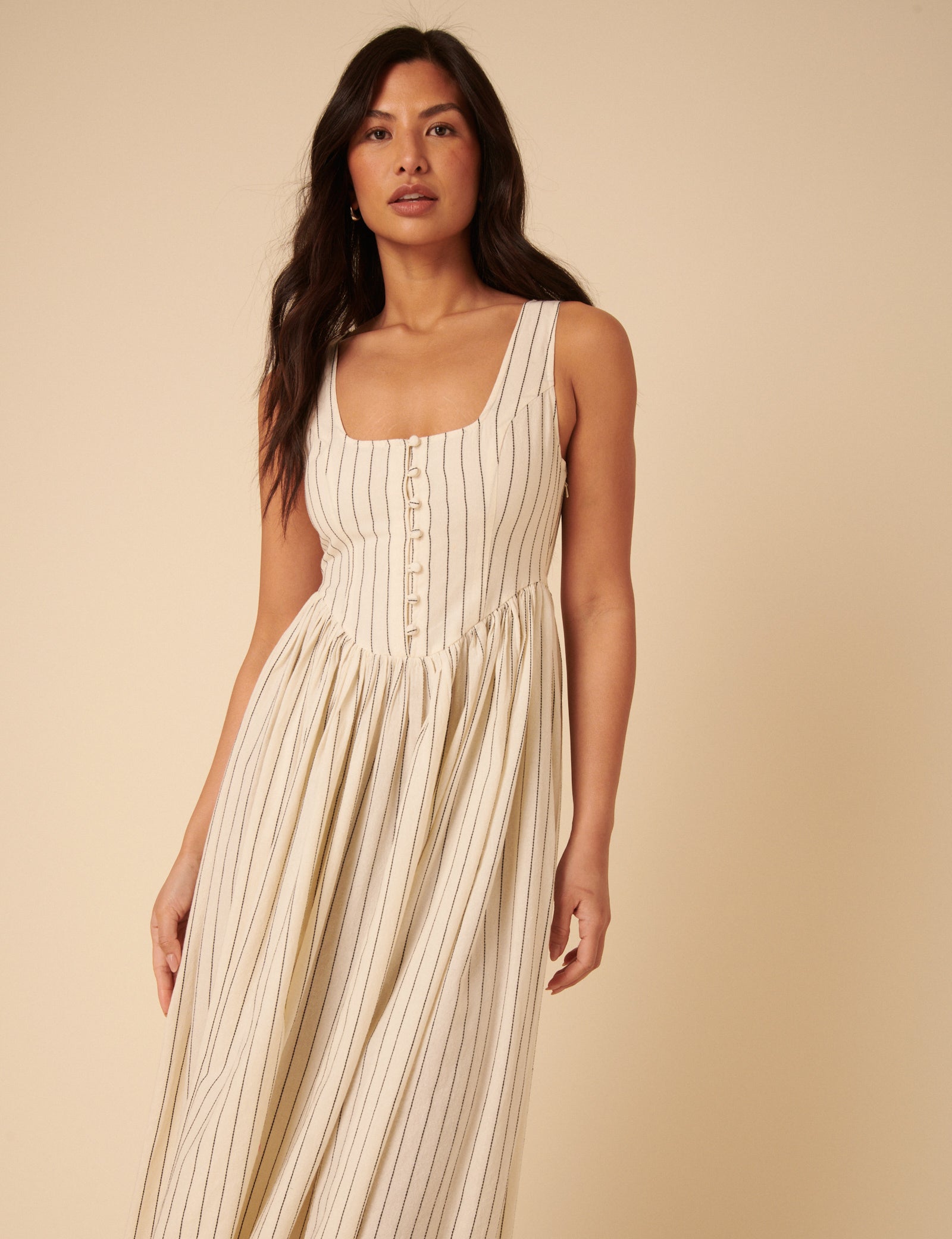 Cream Striped Drop Waist Cora Midi Dress
