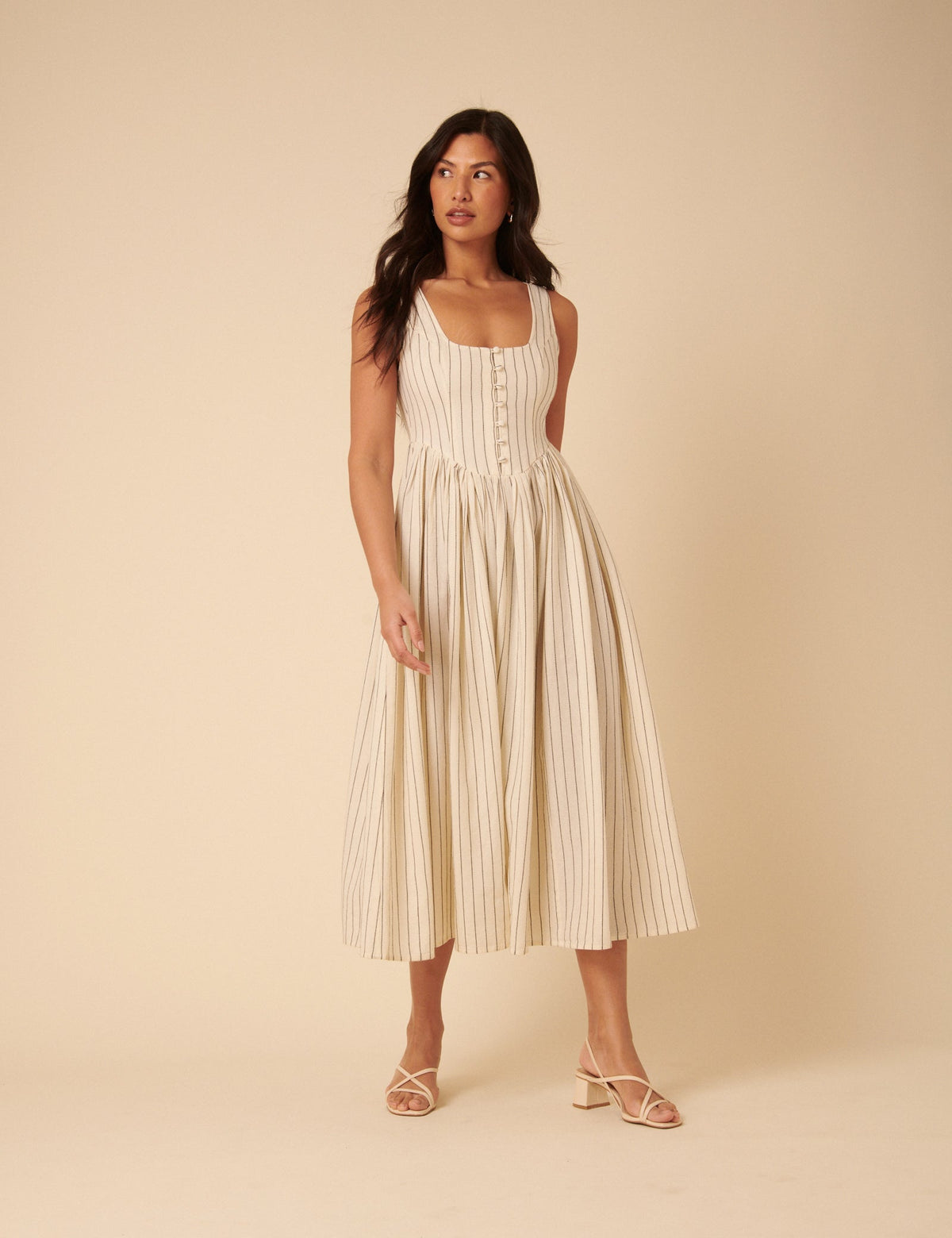 Cream Striped Drop Waist Cora Midi Dress