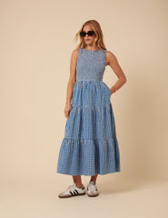Blue Gingham Sleeveless Tiered Charlie Midi Dress