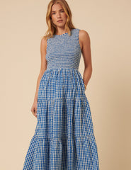 Blue Gingham Sleeveless Tiered Charlie Midi Dress