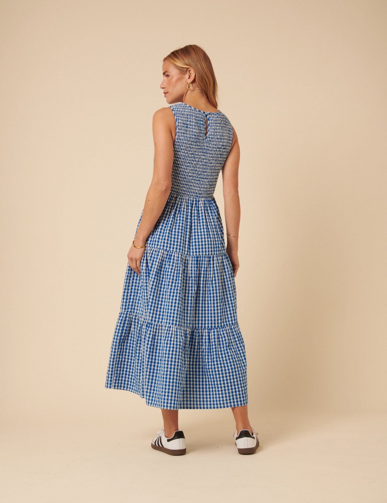Blue Gingham Sleeveless Tiered Charlie Midi Dress