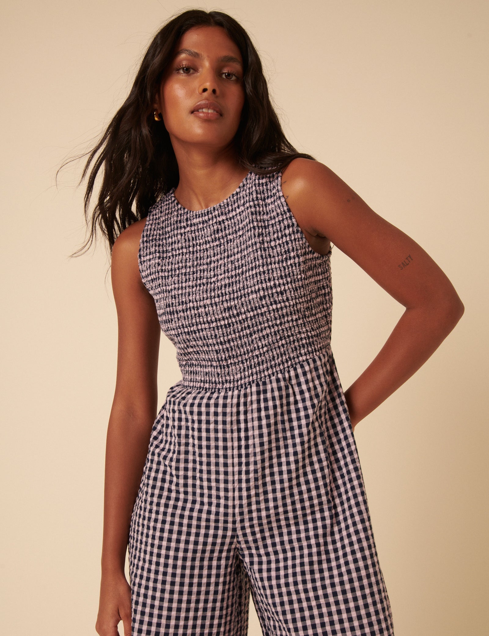 Petite Navy And Pink Gingham Ruth Jumpsuit