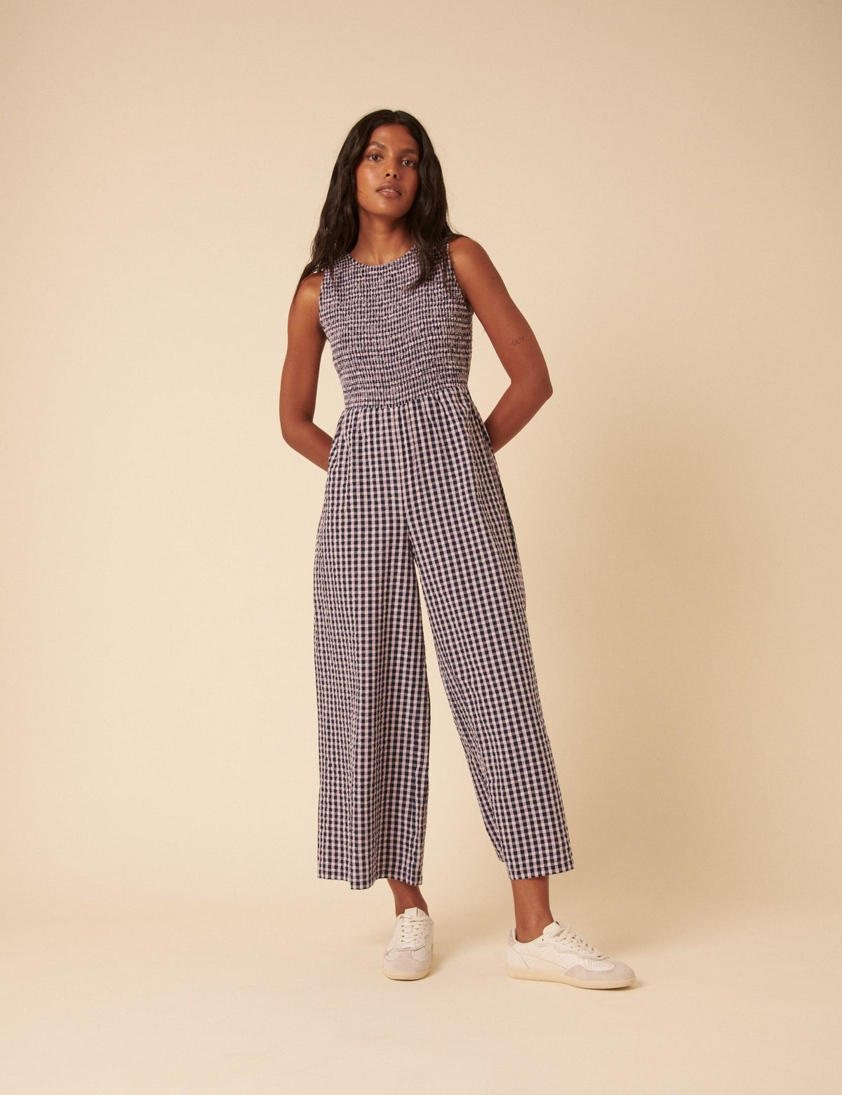 Petite Navy And Pink Gingham Ruth Jumpsuit