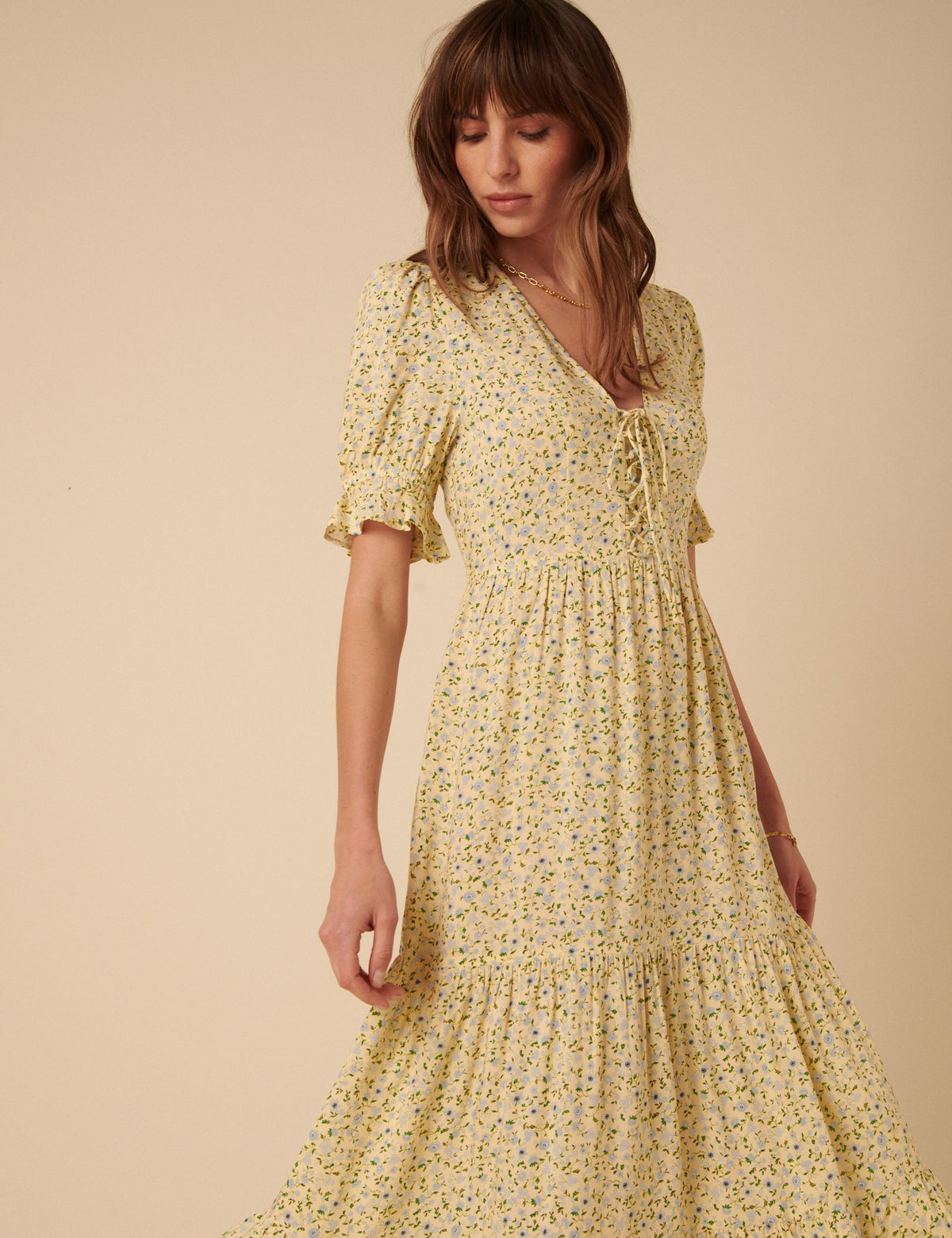 Butter Yellow Ditsy Floral Lia Midi Dress
