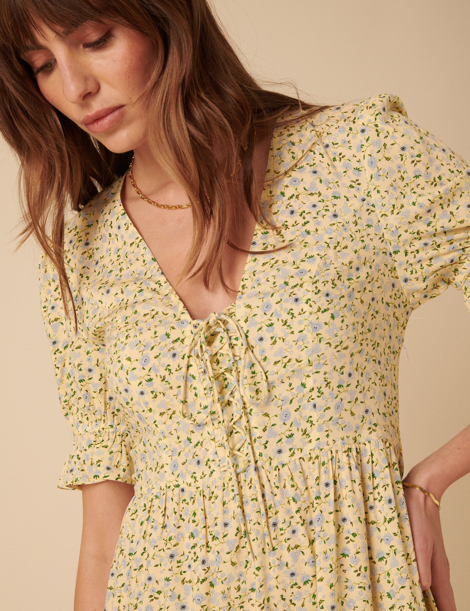 Butter Yellow Ditsy Floral Lia Midi Dress