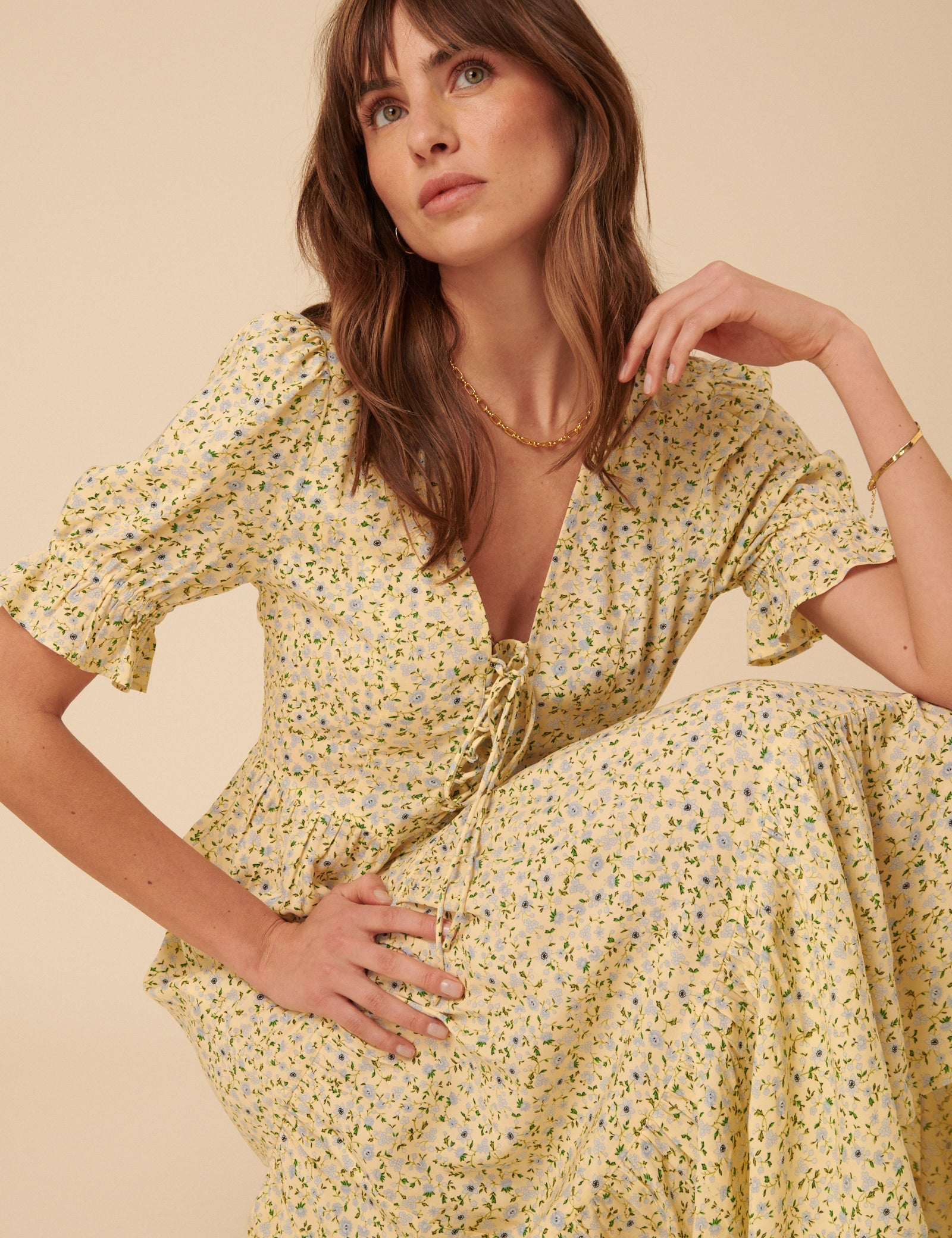 Butter Yellow Ditsy Floral Lia Midi Dress