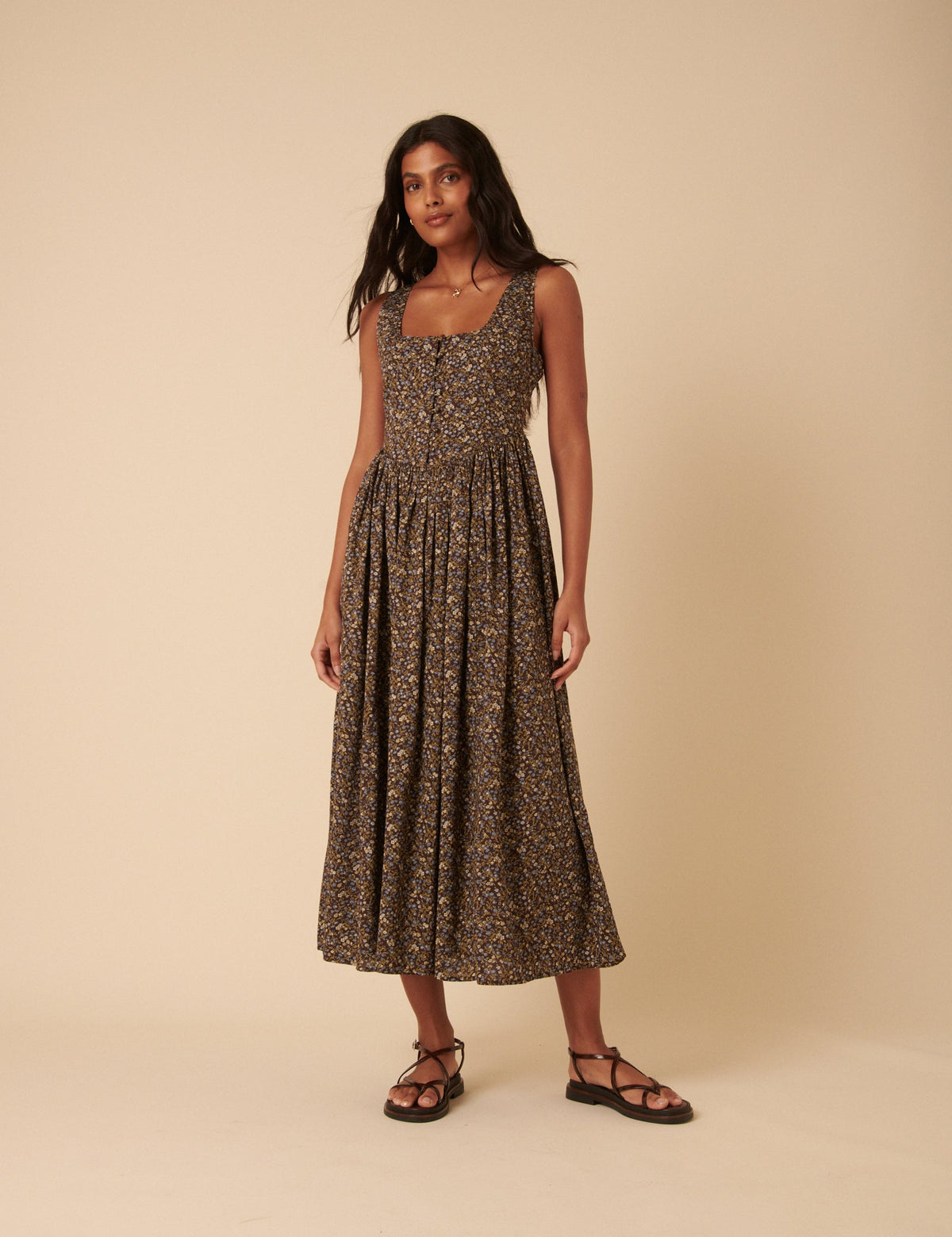 Brown Ditsy Floral Drop Waist Cora Midi Dress