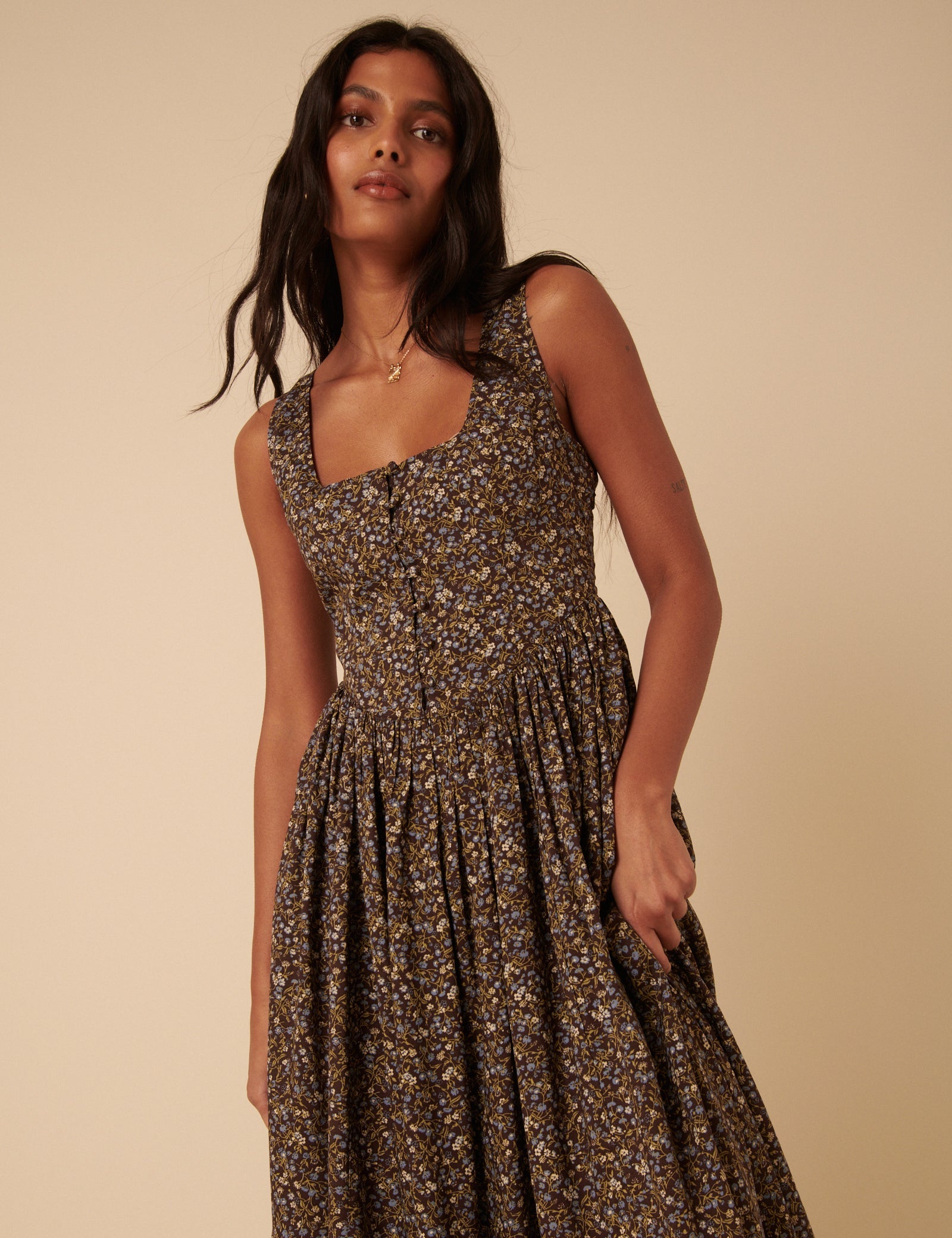 Brown Ditsy Floral Drop Waist Cora Midi Dress