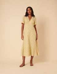 Butter Yellow Ditsy Floral Kharian Midi Dress
