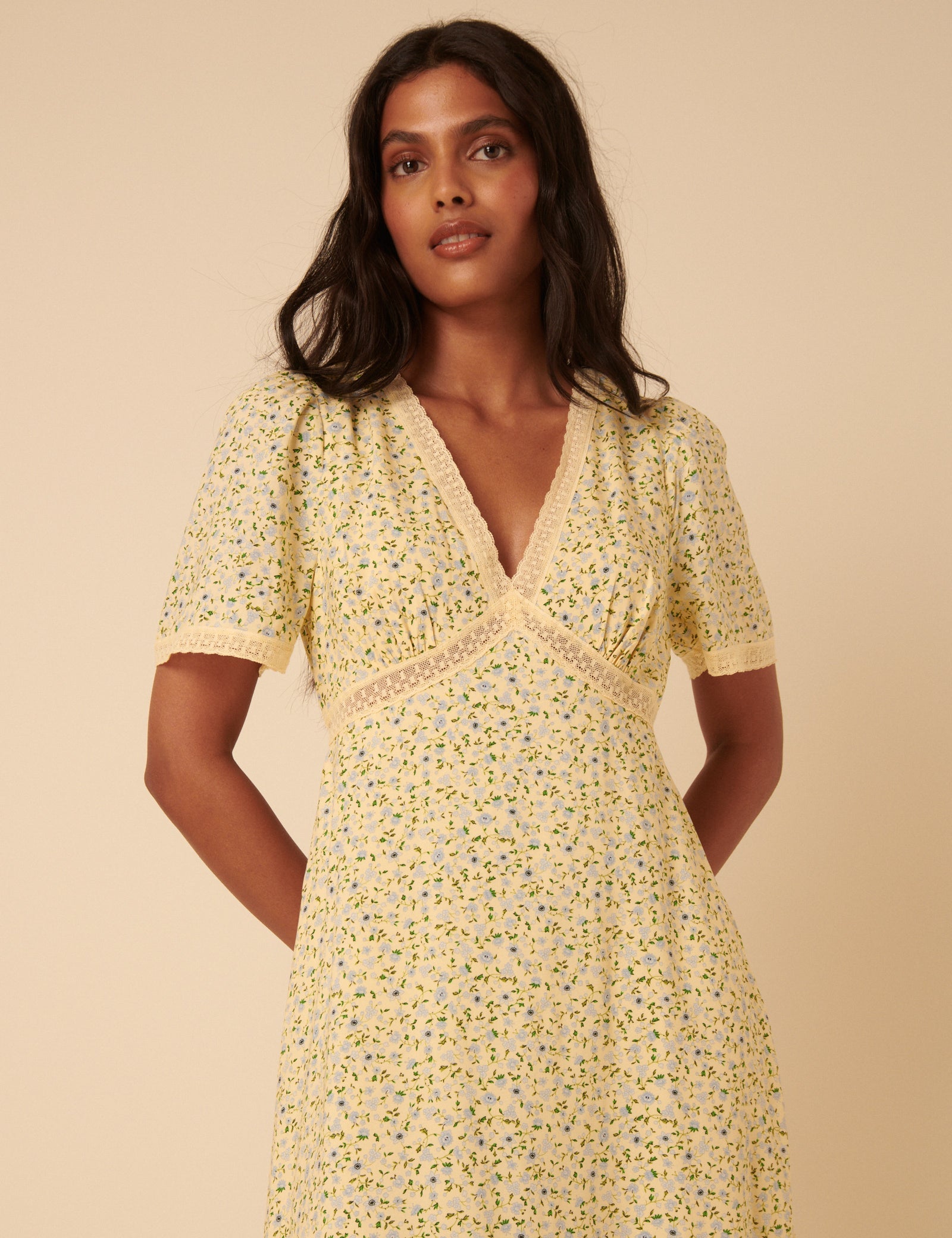 Butter Yellow Ditsy Floral Kharian Midi Dress