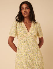 Butter Yellow Ditsy Floral Kharian Midi Dress