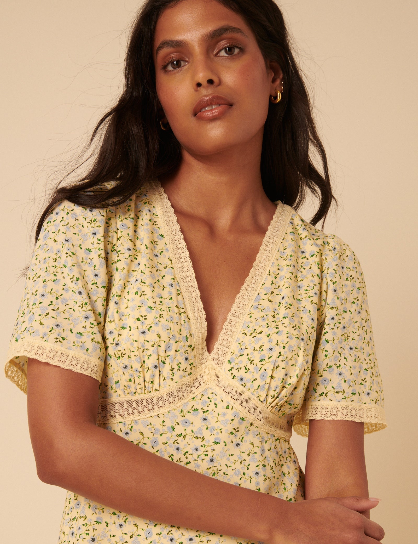 Butter Yellow Ditsy Floral Kharian Midi Dress