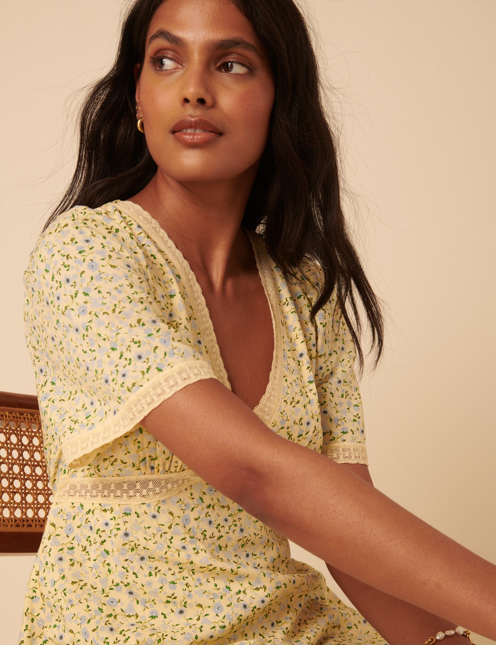 Butter Yellow Ditsy Floral Kharian Midi Dress