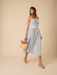Blue And White Striped Bandeau Felicity Midi Dress