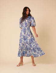 Blue Floral Puff Sleeve Zelda Midi Dress
