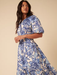 Blue Floral Puff Sleeve Zelda Midi Dress