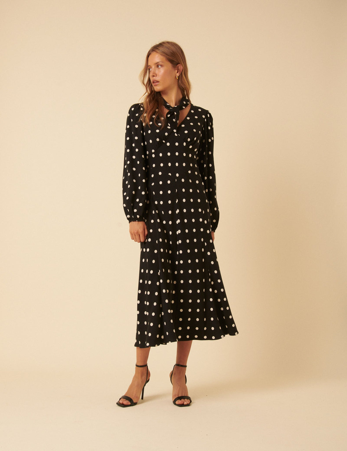 Black Polka Dot Neck Tie Sadie Midi Dress