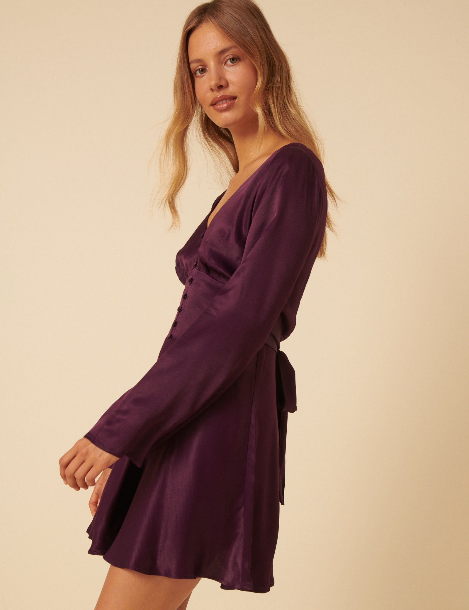 Purple Satin Long Sleeve Stella Mini Dress