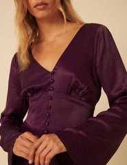 Purple Satin Long Sleeve Stella Mini Dress
