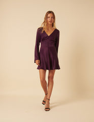 Purple Satin Long Sleeve Stella Mini Dress