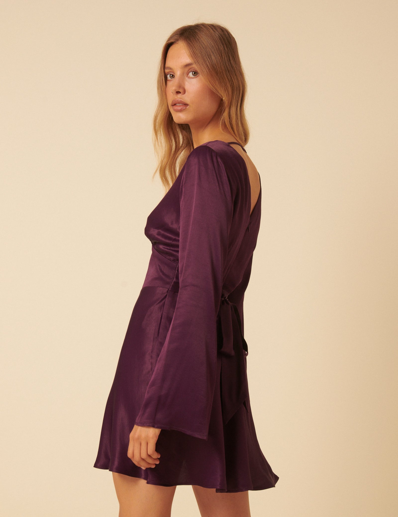 Purple Satin Long Sleeve Stella Mini Dress