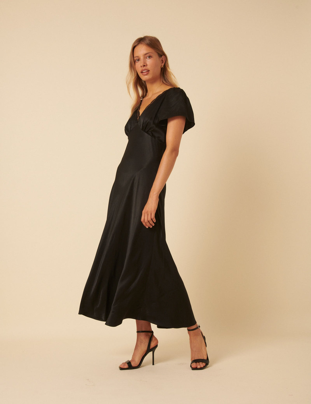 Black Satin Lace Detail Sienna Midi Dress