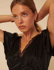 Black Satin Lace Detail Sienna Midi Dress