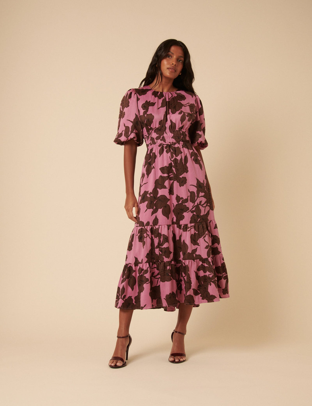 Pink Floral Puff Sleeve Zelda Midi Dress