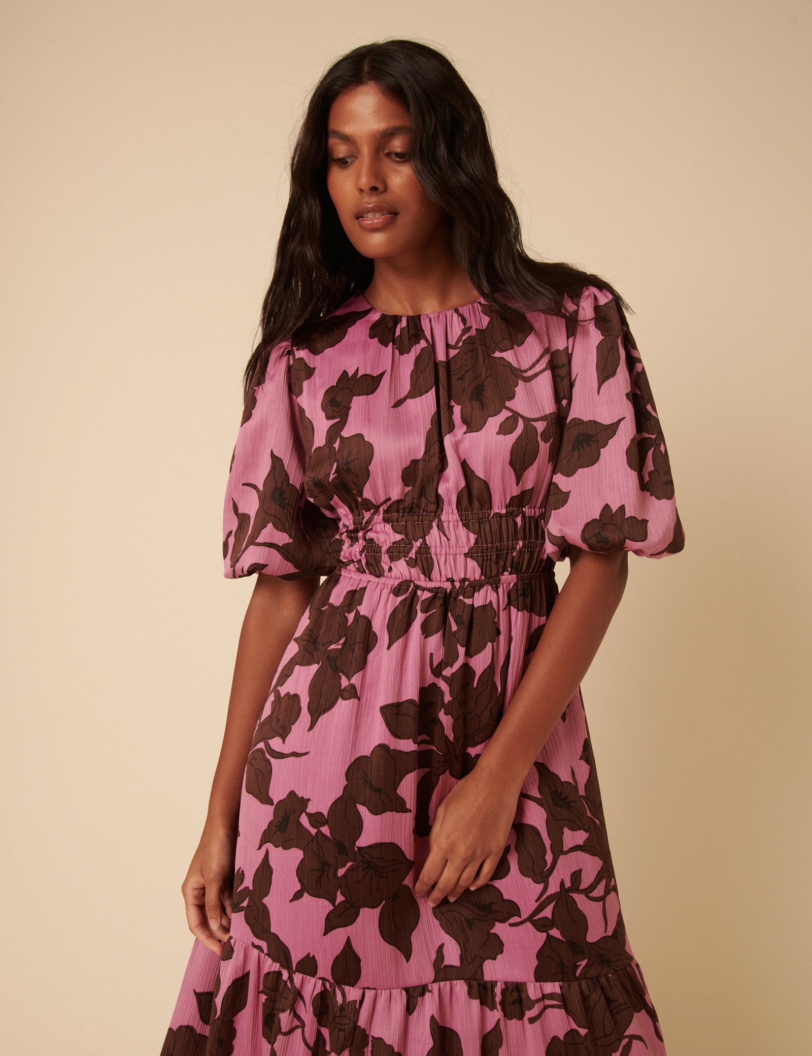 Pink Floral Puff Sleeve Zelda Midi Dress